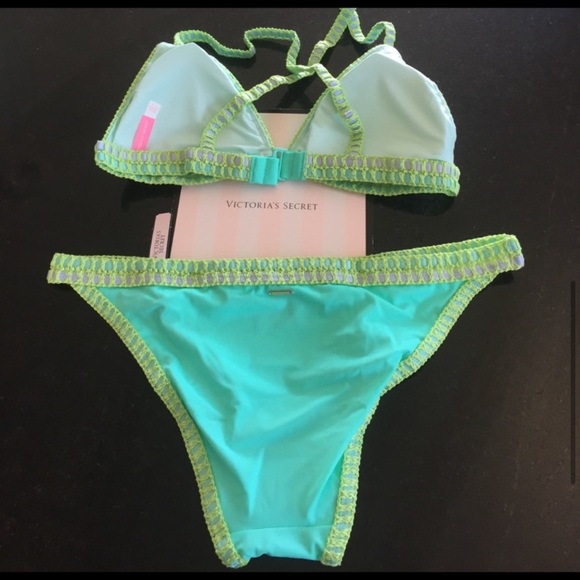 Victoria’s Secret 2 pice crocheted bikini set, seafoam with olive trim - Picture 2 of 3